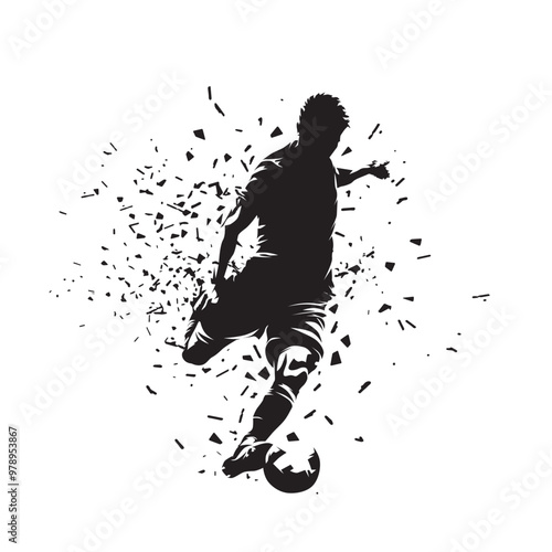 Soccer, football player kicking ball, footballer shoots and scores a goal, isolated vector silhouette, ink drawing, front view