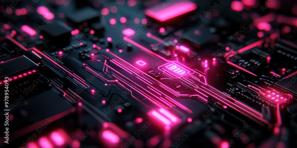 Glowing Pink Lines on a Dark Circuit Board Glowing Pink Lines on a Dark Circuit Board