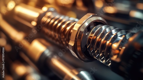 Cutting tools in a warehouse, close-up with industrial lighting highlighting the gleam of the metal. Sharp edges and polished surfaces in focus.