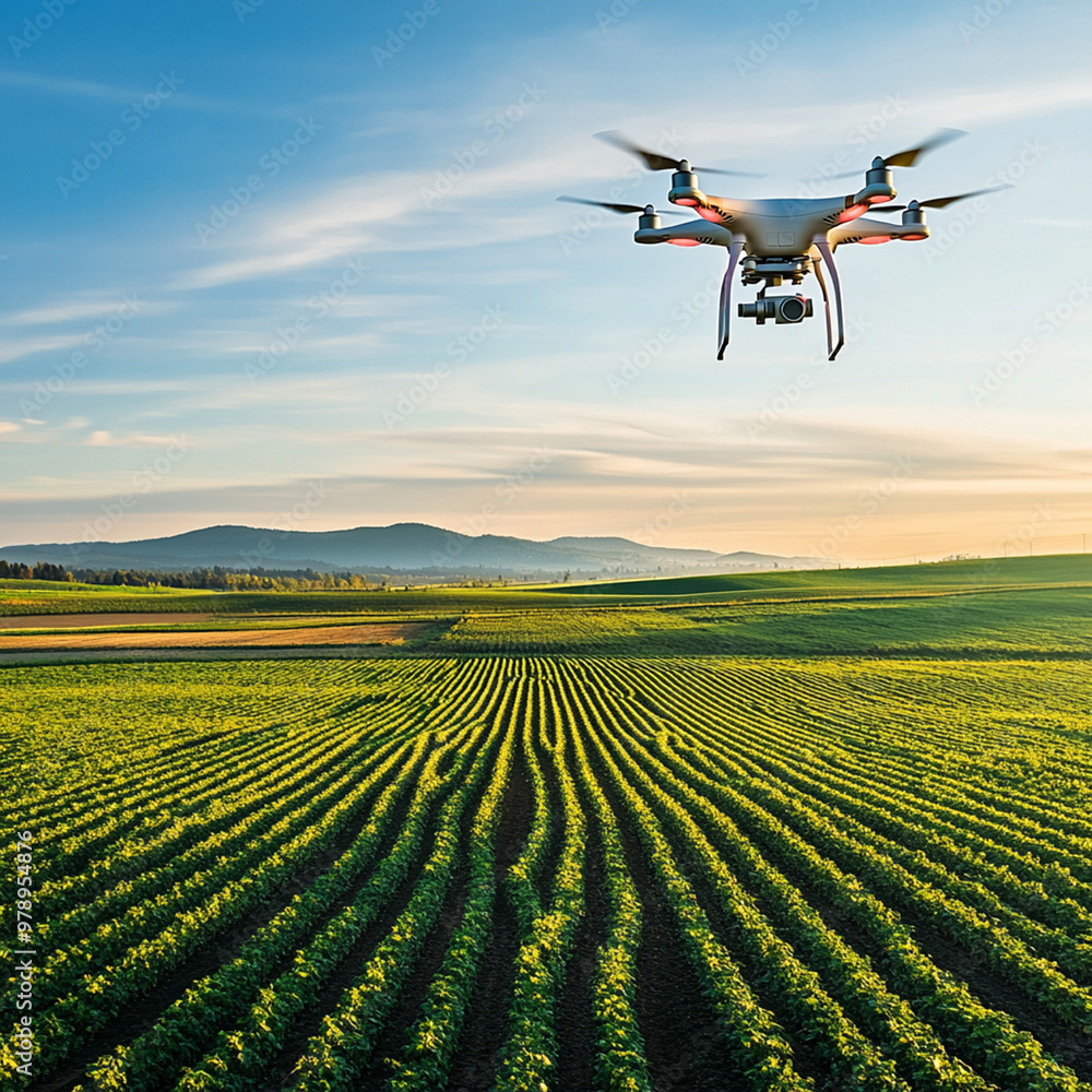 Drone monitoring a vast green agricultural field Drone monitoring a vast green agricultural field