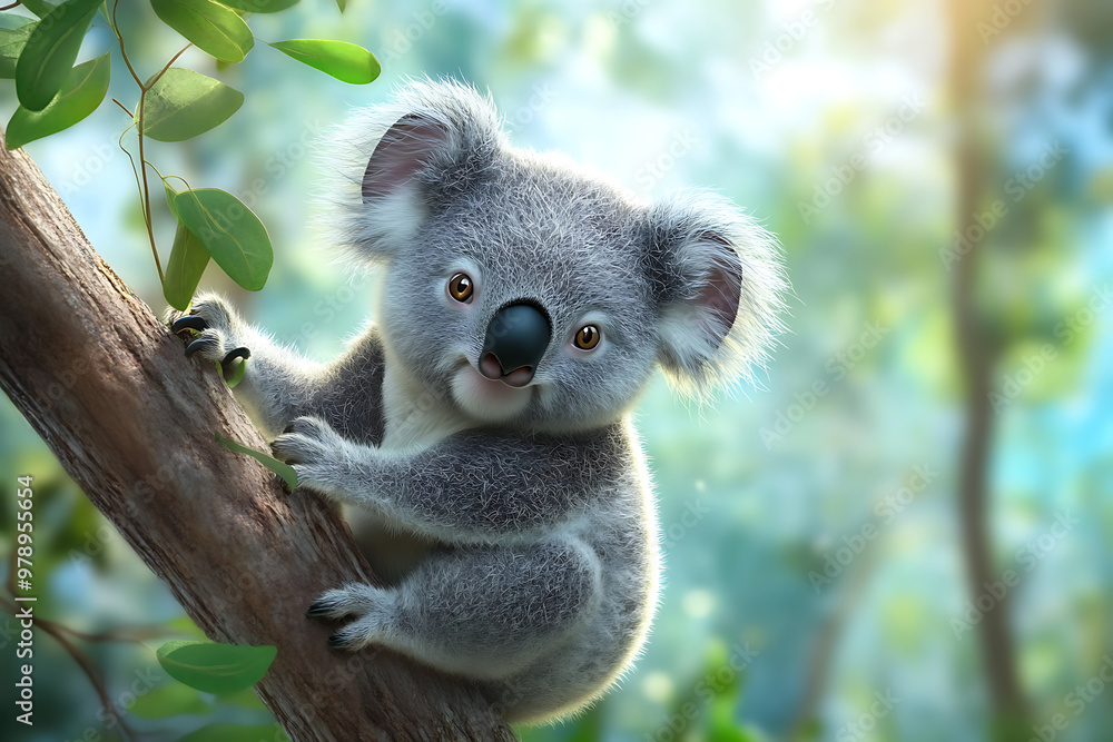 Fototapeta premium A cute koala clings to a tree branch in a lush, vibrant forest setting.