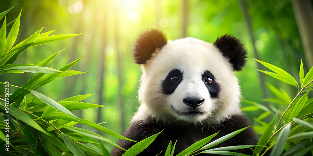 Fototapeta premium Adorable panda surrounded by fresh green bamboo leaves , panda, bamboo leaves, wildlife, nature, cute, endangered species