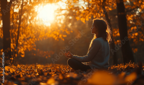 A woman meditating amidst vibrant fall foliage at sunset in a tranquil forest setting