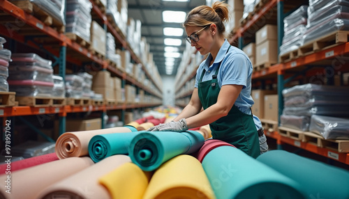 Woman organizing colorful textile rolls in a large fabric warehouse