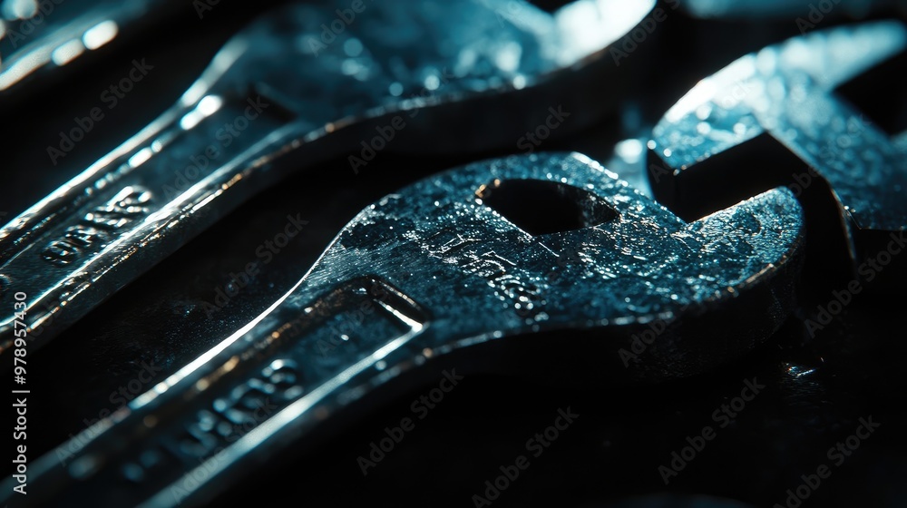 Wrenches close-up in a warehouse, the shiny metal and texture illuminated under industrial lights. No logos or people, with a focal point on the surface. Wrenches close-up in a warehouse, the shiny metal and texture illuminated under industrial lights. No logos or people, with a focal point on the surface.