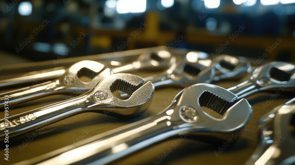 Fototapeta premium Wrenches close-up in a warehouse, the shiny metal and texture illuminated under industrial lights. No logos or people, with a focal point on the surface.