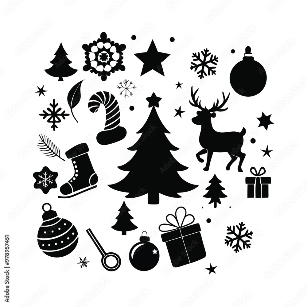 Christmas set of design elements silhouettes. Collection of Christmas icons on white background. Christmas set of design elements silhouettes. Collection of Christmas icons on white background.