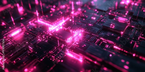 Abstract Digital Circuitry with Glowing Pink Lines