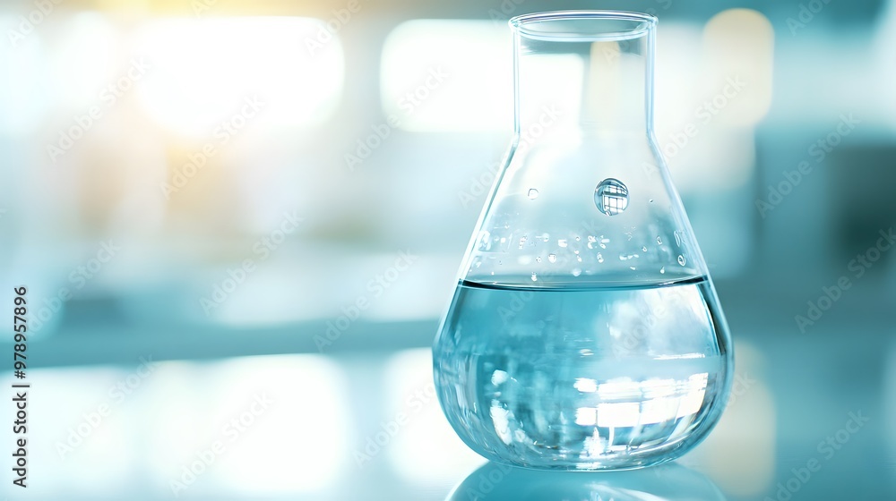 Close-up of glass beaker with clear liquid and floating indicator showing high lead levels, set on white countertop with copy space for text or design. Close-up of glass beaker with clear liquid and floating indicator showing high lead levels, set on white countertop with copy space for text or design.