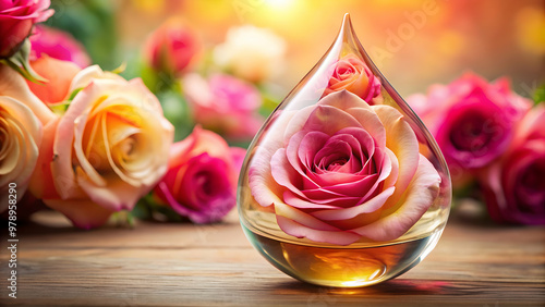 Fototapeta Naklejka Na Ścianę i Meble -  Essential oil droplet with vibrant roses inside , aromatherapy, natural beauty, floral background, delicate, pure