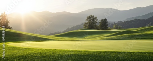 Serene golf course landscape at sunrise, featuring lush green grass and distant mountains under a bright sky.