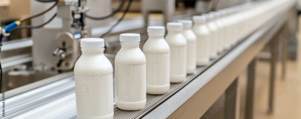 A row of white bottles on a production line, showcasing the process of bottle filling in a modern manufacturing facility. A row of white bottles on a production line, showcasing the process of bottle filling in a modern manufacturing facility.