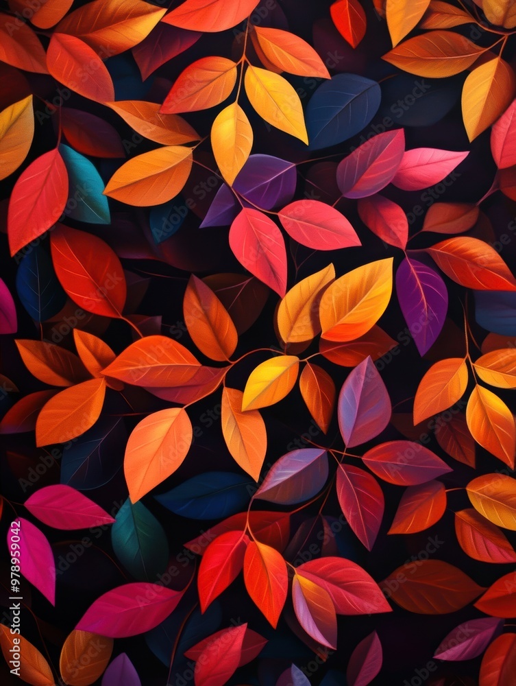 A colorful leafy background with a variety of colors including red, yellow, and blue. The leaves are arranged in a way that creates a sense of depth and movement. Scene is vibrant and lively A colorful leafy background with a variety of colors including red, yellow, and blue. The leaves are arranged in a way that creates a sense of depth and movement. Scene is vibrant and lively