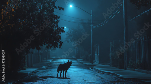 Stray dog wandering along deserted midnight boulevard.  photo