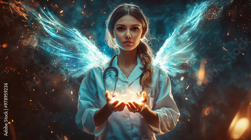 Female doctor with sparkling light hands and feary wings
 photo