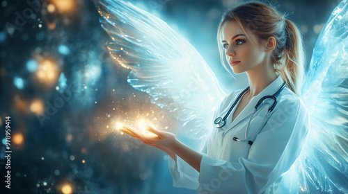 Female doctor with sparkling light hands and feary wings
 photo