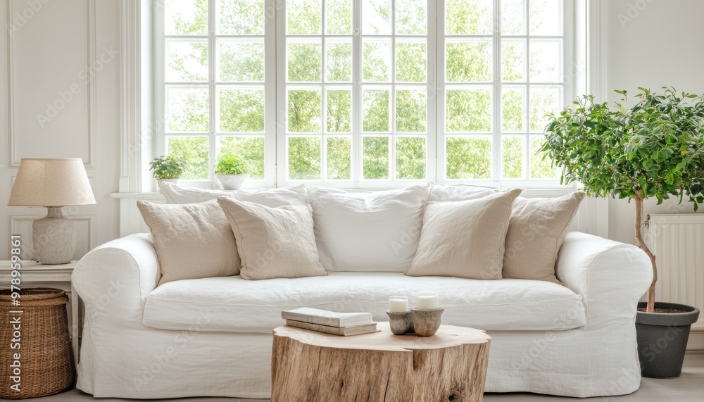 White Sofa, Beige Pillows, Tree Stump Table, Window Modern Living Room in Scandinavian Style White Sofa, Beige Pillows, Tree Stump Table, Window Modern Living Room in Scandinavian Style