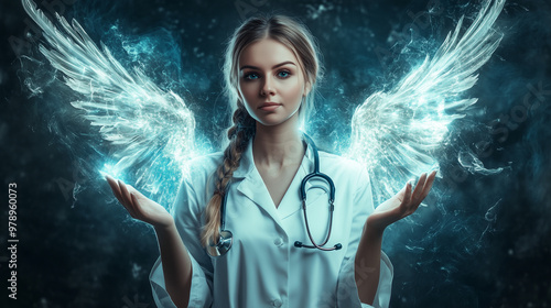 Female doctor with sparkling light hands and feary wings
 photo