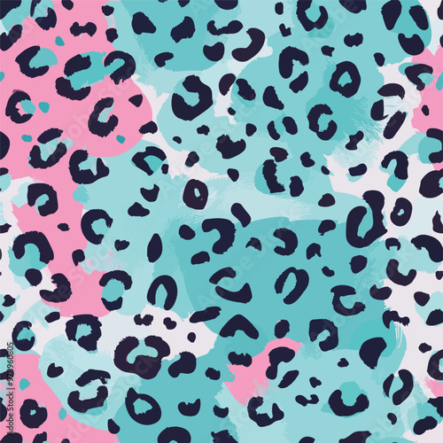 Colorful leopard print pattern with pink blue and black spots design