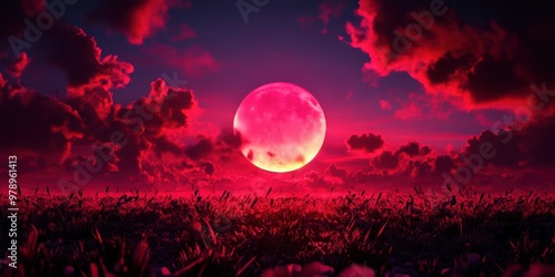 A red moon is in the sky above a field of grass. The sky is filled with clouds, giving the scene a dreamy, ethereal quality photo