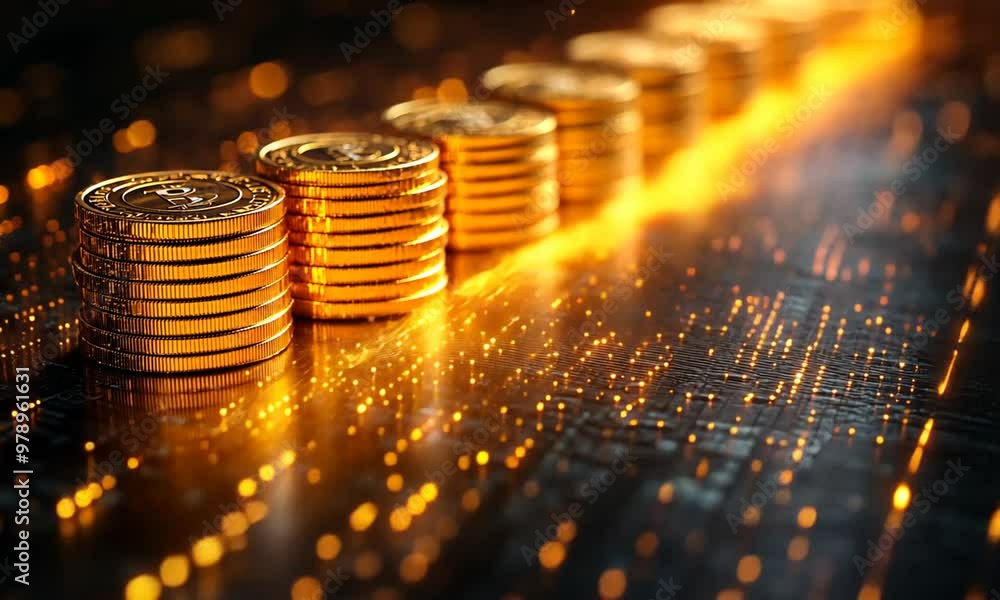 Golden Bitcoin Stacks on Circuit Board Golden Bitcoin Stacks on Circuit Board