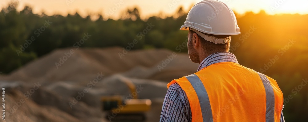 A construction worker in a safety vest and helmet overseeing a site during sunset, symbolizing diligence and safety in construction. A construction worker in a safety vest and helmet overseeing a site during sunset, symbolizing diligence and safety in construction.