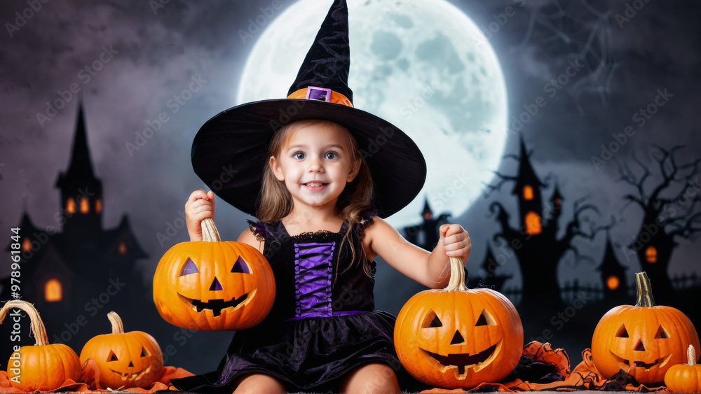Little girl in witch costume holding jack-o-lantern pumpkins on Halloween night Little girl in witch costume holding jack-o-lantern pumpkins on Halloween night
