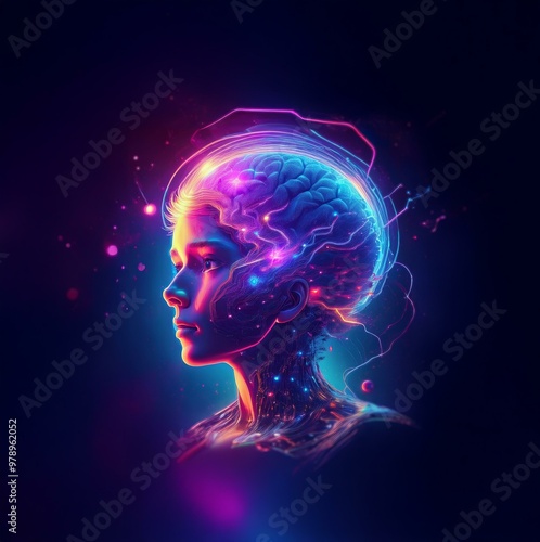 A female profile with a glowing brain surrounded by vibrant neon light streaks.