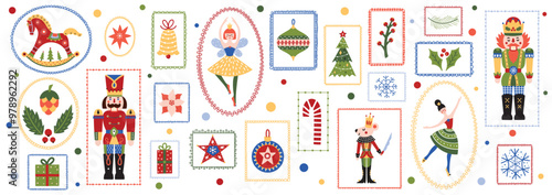 Christmas decorations flat vector illustration. New Year's balls, nutcracker and ballerina . Merry Christmas and New Year set with Ballerina and Nutcracker. iTransparent background