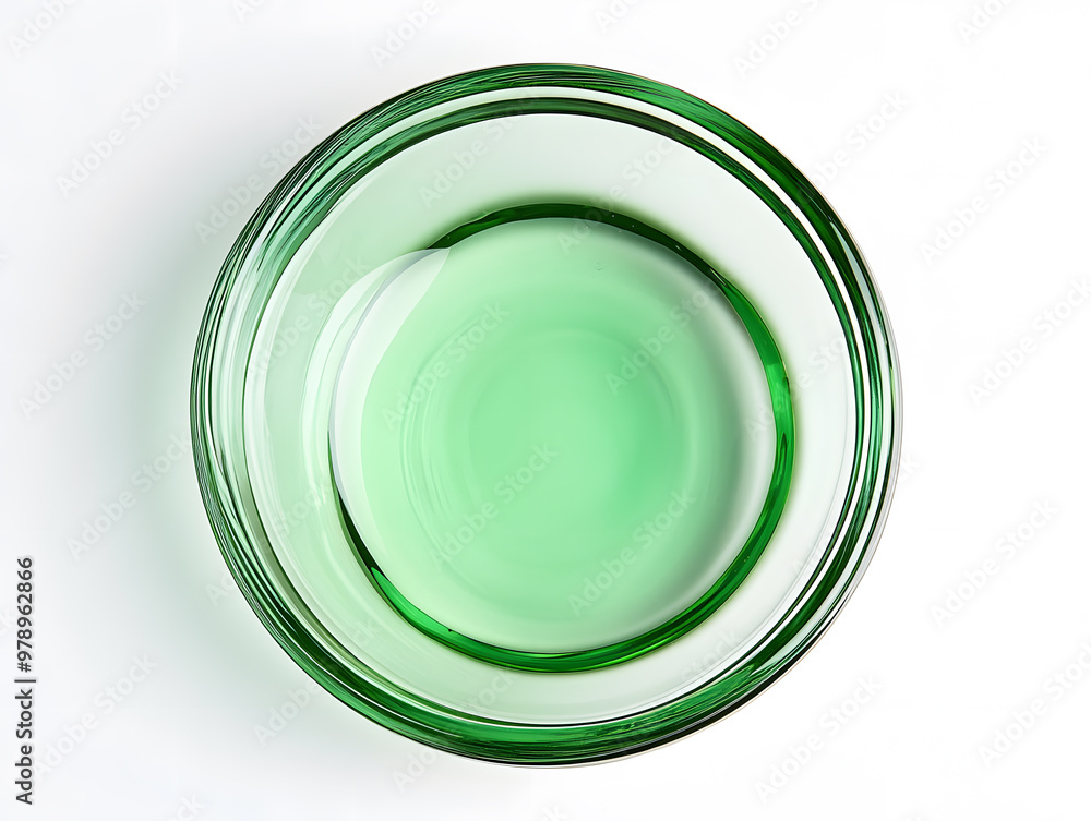A green glass base viewed from the top, filled with green liquid, isolated on white background A green glass base viewed from the top, filled with green liquid, isolated on white background