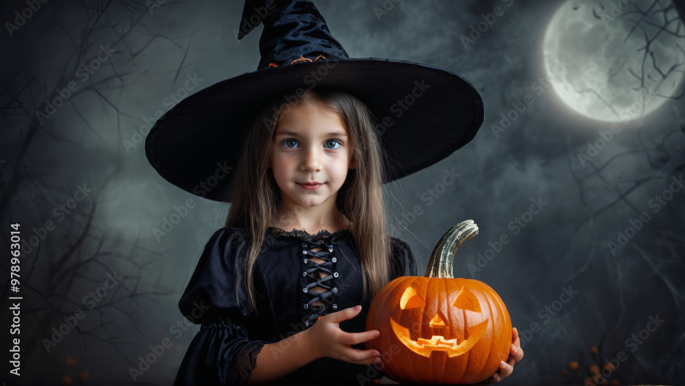 Fototapeta premium Young witch with a jack-o-lantern pumpkin in a spooky Halloween setting