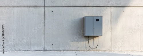 A minimalist scene featuring a gray utility box mounted on a smooth concrete wall, ideal for modern architecture themes.