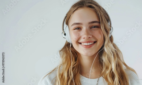 A beautiful young woman smiling warmly while wearing headphones against a white background, symbolizing relaxation and music. copy space for text. photo