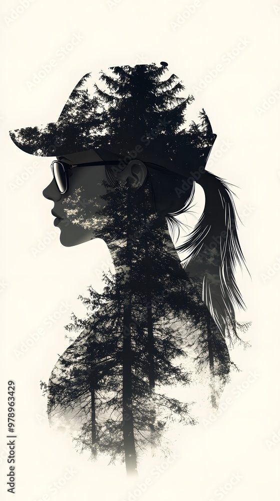 Fototapeta premium A silhouette of an athletic woman with a ponytail, wearing sunglasses and a cap against the backdrop of a dense forest