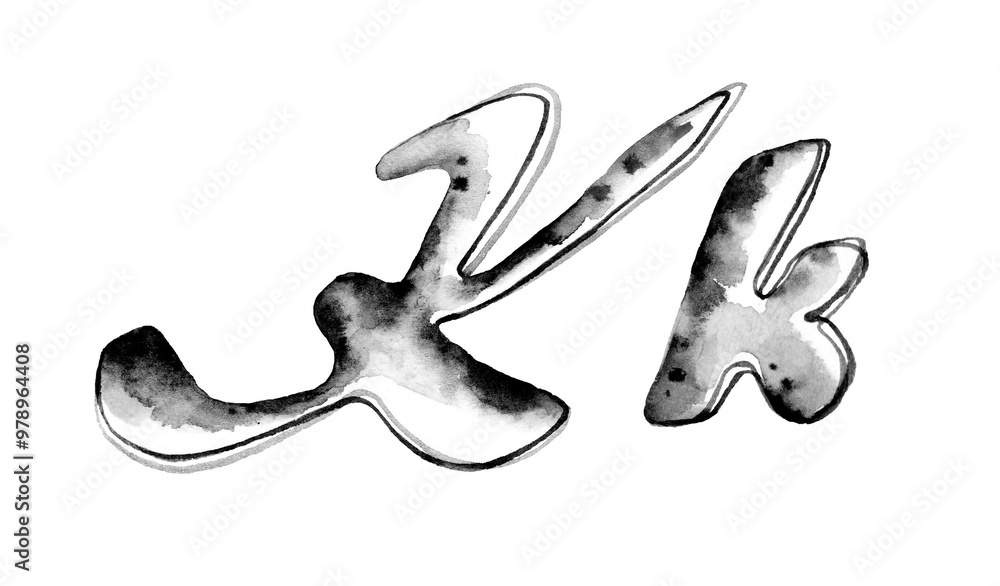Fototapeta premium Black and white watercolor illustration of uppercase and lowercase 'K k,' with flowing lines and subtle gradients. Ideal for elegant design, typography, and contemporary branding projects.