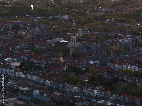 Aerial view of Middelburg's skyline featuring the historic Abdijtoren and Lange Jan at sunset, Zeeland, Netherlands. photo