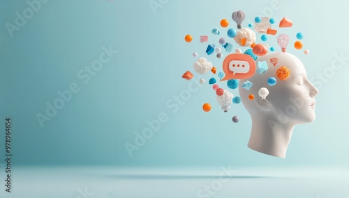 A vibrant representation of ideas, creativity, and communication depicted through colorful elements surrounding a serene, thoughtful mannequin head.