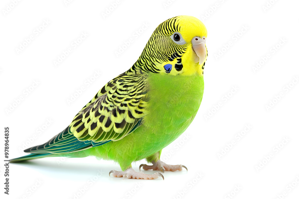 A vibrant green budgie stands alone on white backdrop. The budgerigar, also known as a wavy parrot A vibrant green budgie stands alone on white backdrop. The budgerigar, also known as a wavy parrot