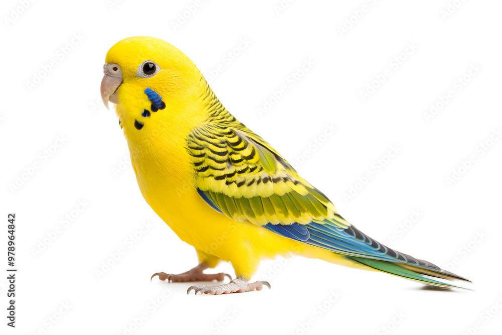 A vibrant yellow budgie stands alone on white backdrop. The budgerigar, also known as a wavy parrot
