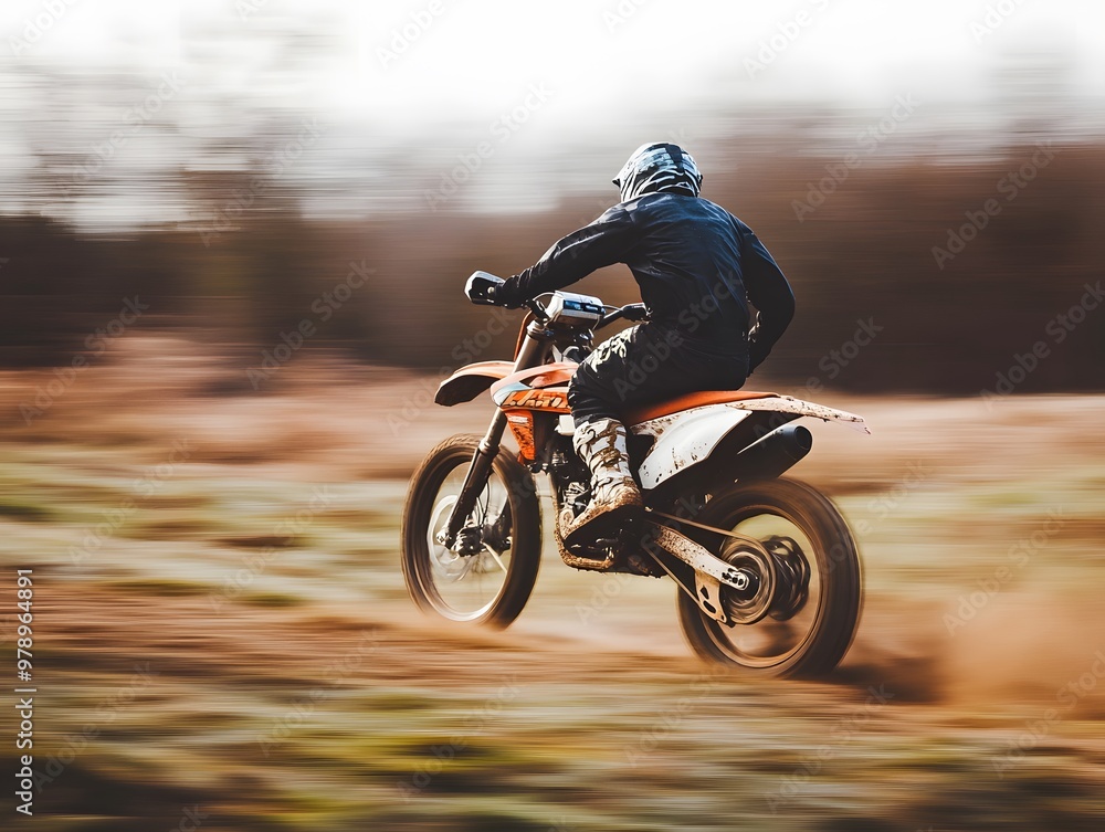 A motorcyclist speeds through a blurred landscape, showcasing off-road riding action. A motorcyclist speeds through a blurred landscape, showcasing off-road riding action.