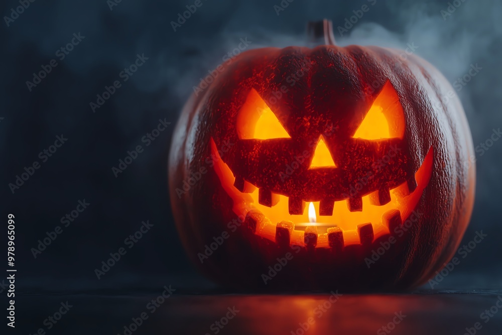 A creepy jack-o'-lantern with a sinister face, close-up shot, candlelight flickering inside, fog swirling around the base, dark and haunting atmosphere A creepy jack-o'-lantern with a sinister face, close-up shot, candlelight flickering inside, fog swirling around the base, dark and haunting atmosphere