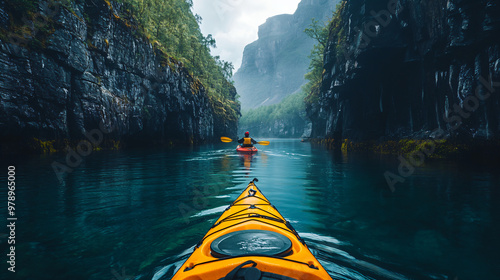 Group of kayakers paddle through stunning fjord surrounded by towering cliffs and lush greenery, ideal for promoting eco-friendly group adventures and showcasing Norway's natural wonders photo