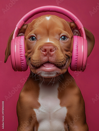 A happy puppy wearing headp...