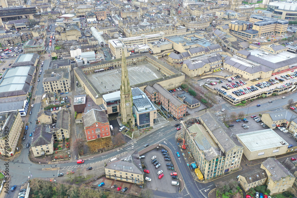 Aerial photo of the famous Piece Hall in the Blackledge area of Halifax in Calderdale in West Yorkshire, England, showing the historic stone build building in the town centre. Aerial photo of the famous Piece Hall in the Blackledge area of Halifax in Calderdale in West Yorkshire, England, showing the historic stone build building in the town centre.