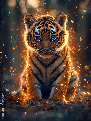 A digital artwork of a cute tiger cub with striking blue eyes, surrounded by golden sparks forming a radiant halo