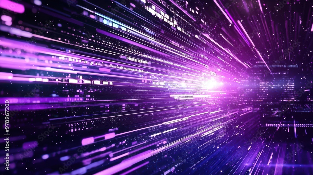 Obraz premium Abstract Purple and White Lines Background Digital Technology Futuristic Sci Fi Glitch Data Network Code Cyber Space Cosmic Virtual Realit