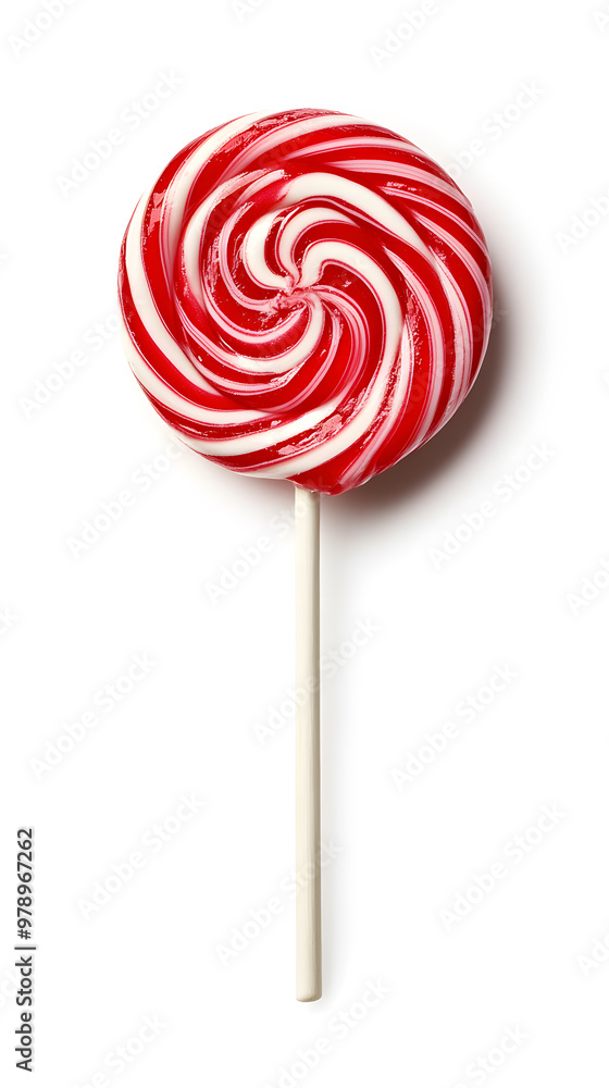 A vibrant red and white twisted lollipop isolated on white background A vibrant red and white twisted lollipop isolated on white background