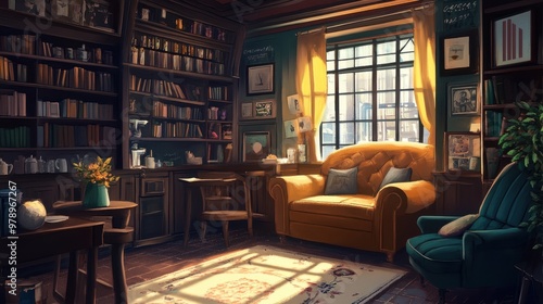 Cozy Vintage Library Nook with Warm Lighting and Comfortable Furnishings