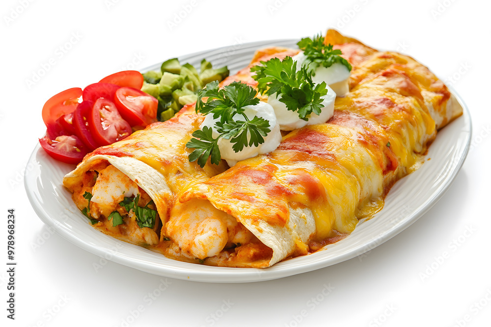 Seafood Enchiladas isolated on white background Seafood Enchiladas isolated on white background