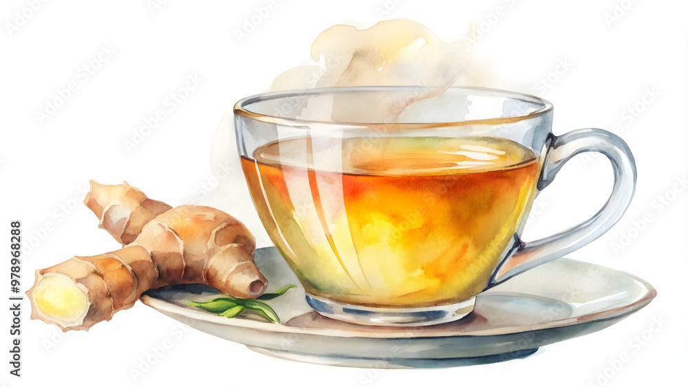 Watercolor of a steaming cup of ginger tea on a white background, ginger, tea, cup, drink, hot, healthy, herbal Watercolor of a steaming cup of ginger tea on a white background, ginger, tea, cup, drink, hot, healthy, herbal